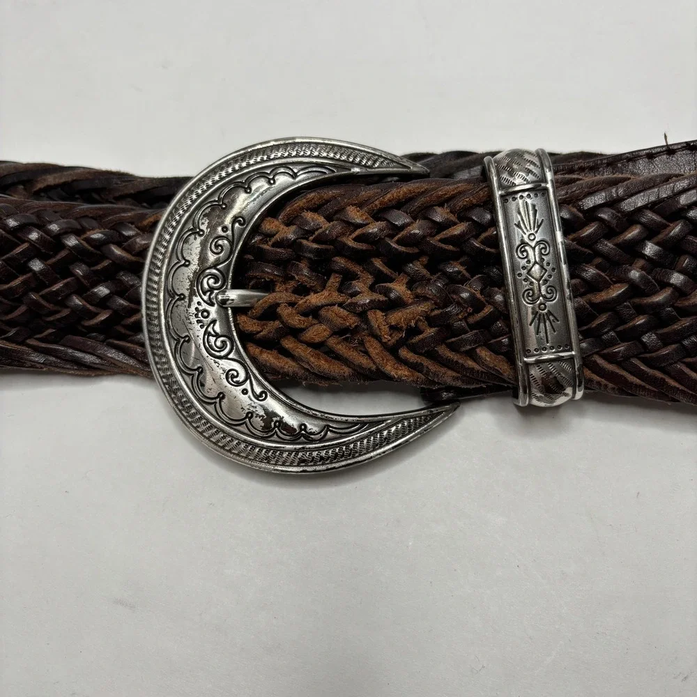 Brighton Leather Woven Belt Women Size‎ L Silver Tone Buckle Brown Boho SEE